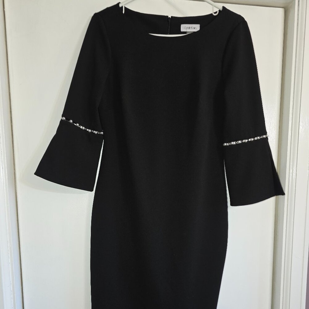 Calvin Klein Black Sheath Dress | Pearl Bell Sleeves | Size 8